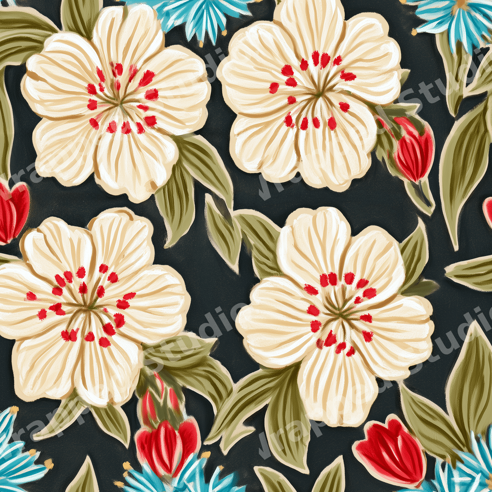 Vintage botanical floral pattern with painted cream blossoms and green leaves on a dark seamless background.