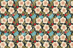 Vintage botanical floral pattern with cream blossoms and turquoise blue flowers on a dark background.