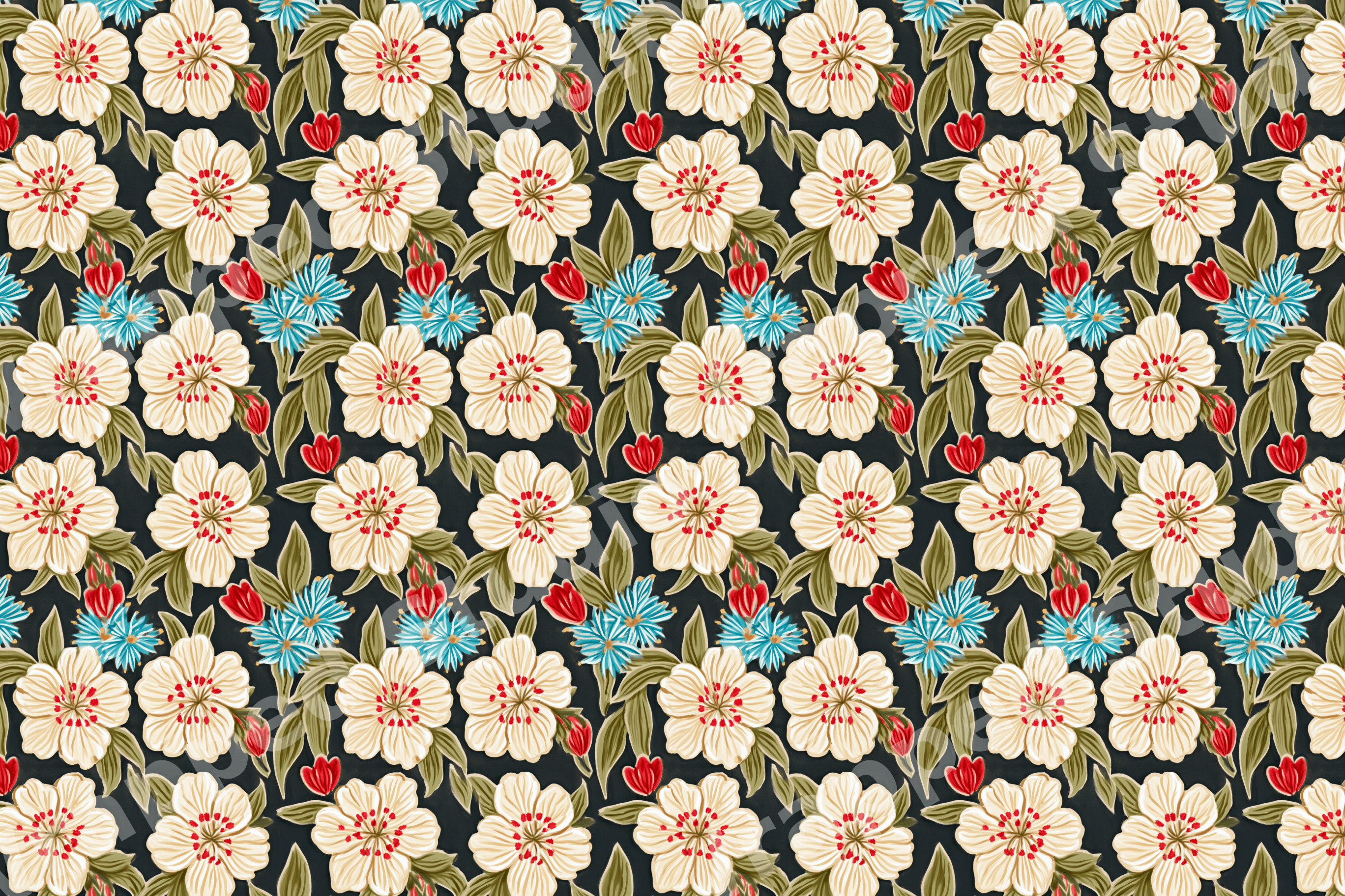 Vintage botanical floral pattern with cream blossoms and turquoise blue flowers on a dark background.