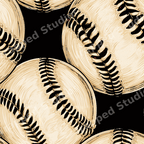 Vintage baseball seamless pattern featuring hand-drawn cream baseballs with black stitching on a black background.