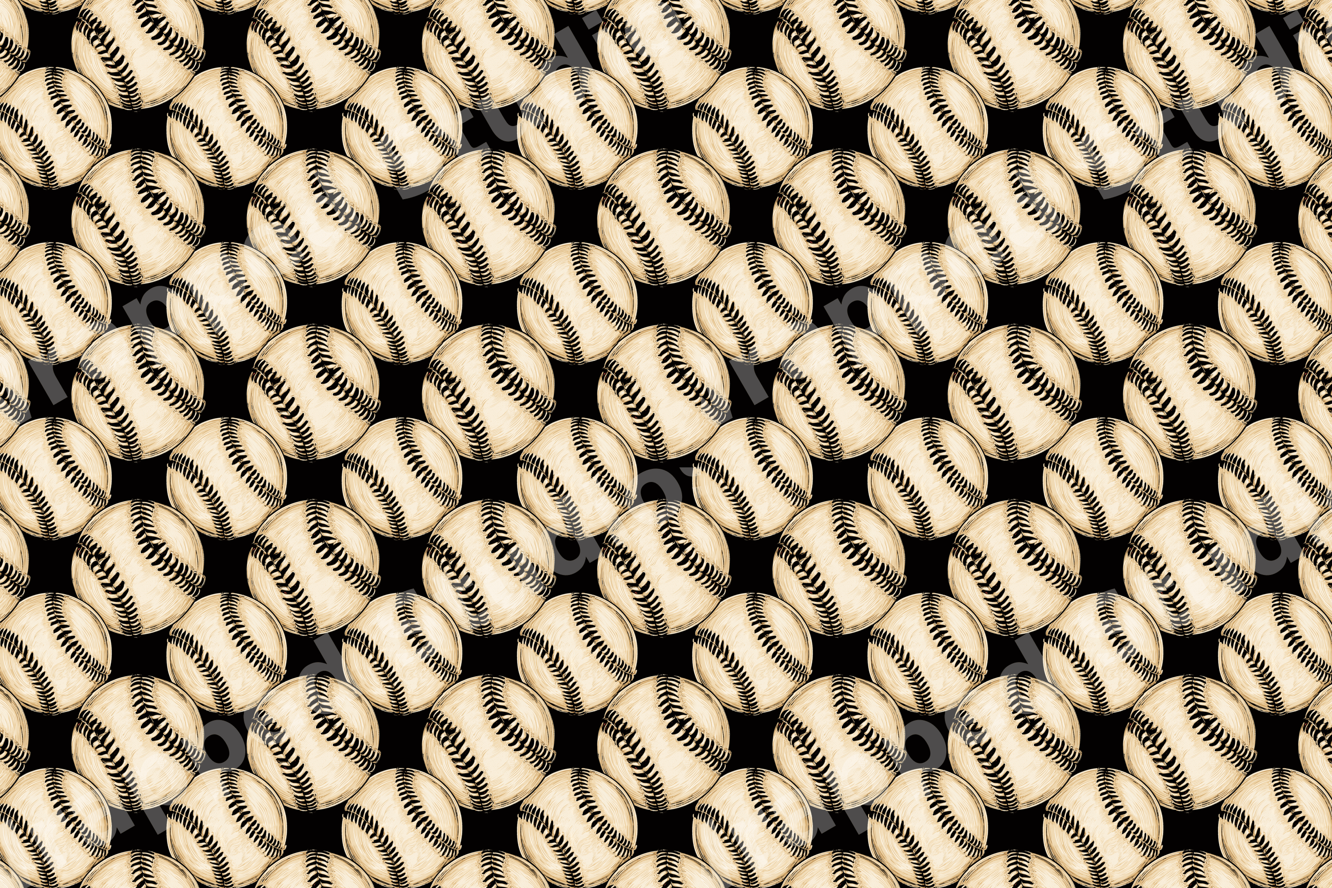 Seamless vintage baseball pattern featuring cream hand-drawn baseballs on a black background.