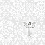 Elegant white damask pattern with a vintage angel design on a soft grey background.