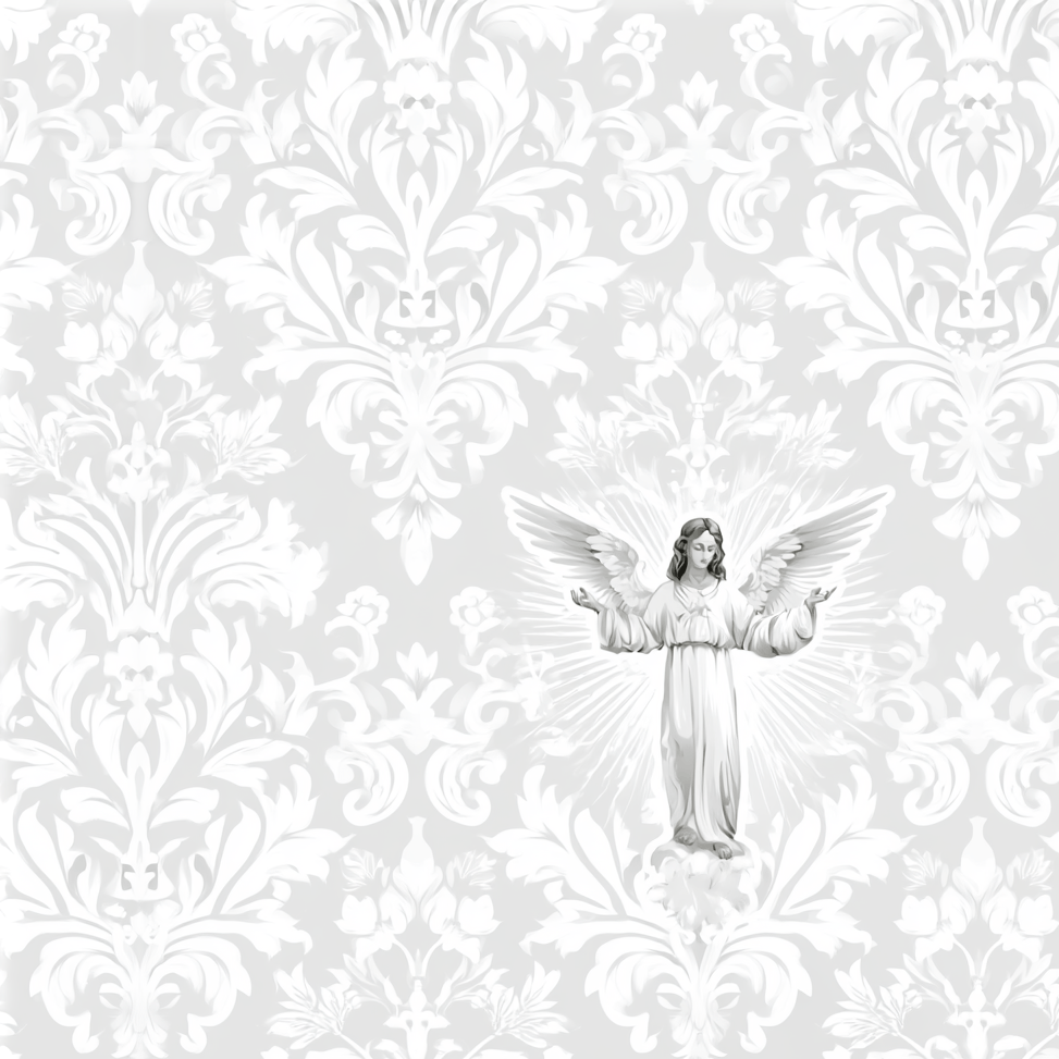 Elegant white damask pattern with a vintage angel design on a soft grey background.