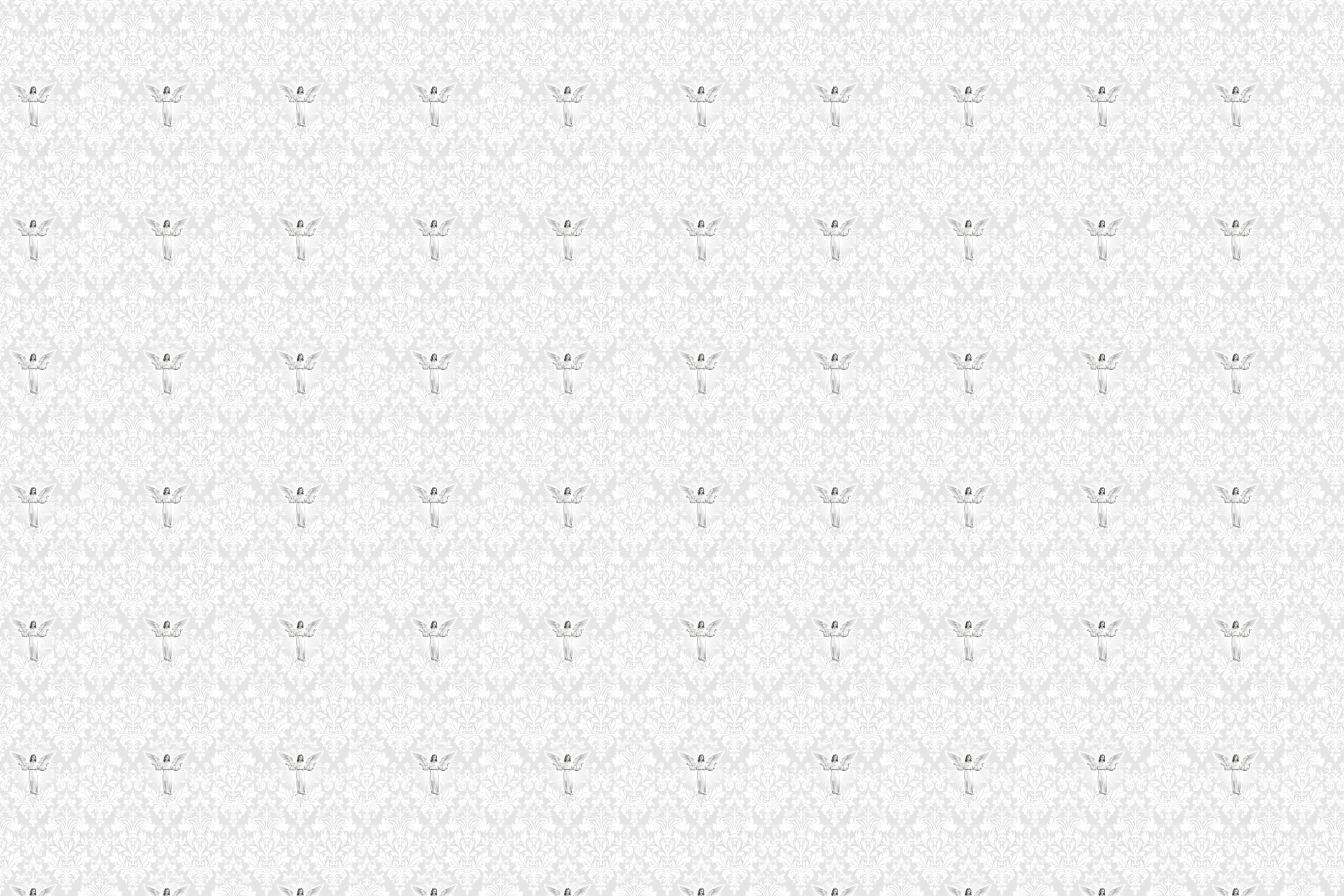 Classic white damask pattern with a subtle repeating motif of small, elegant vintage angels.