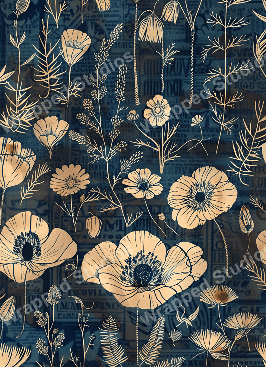 Elegant floral pattern with vintage botanical design elements on a dark blue background.