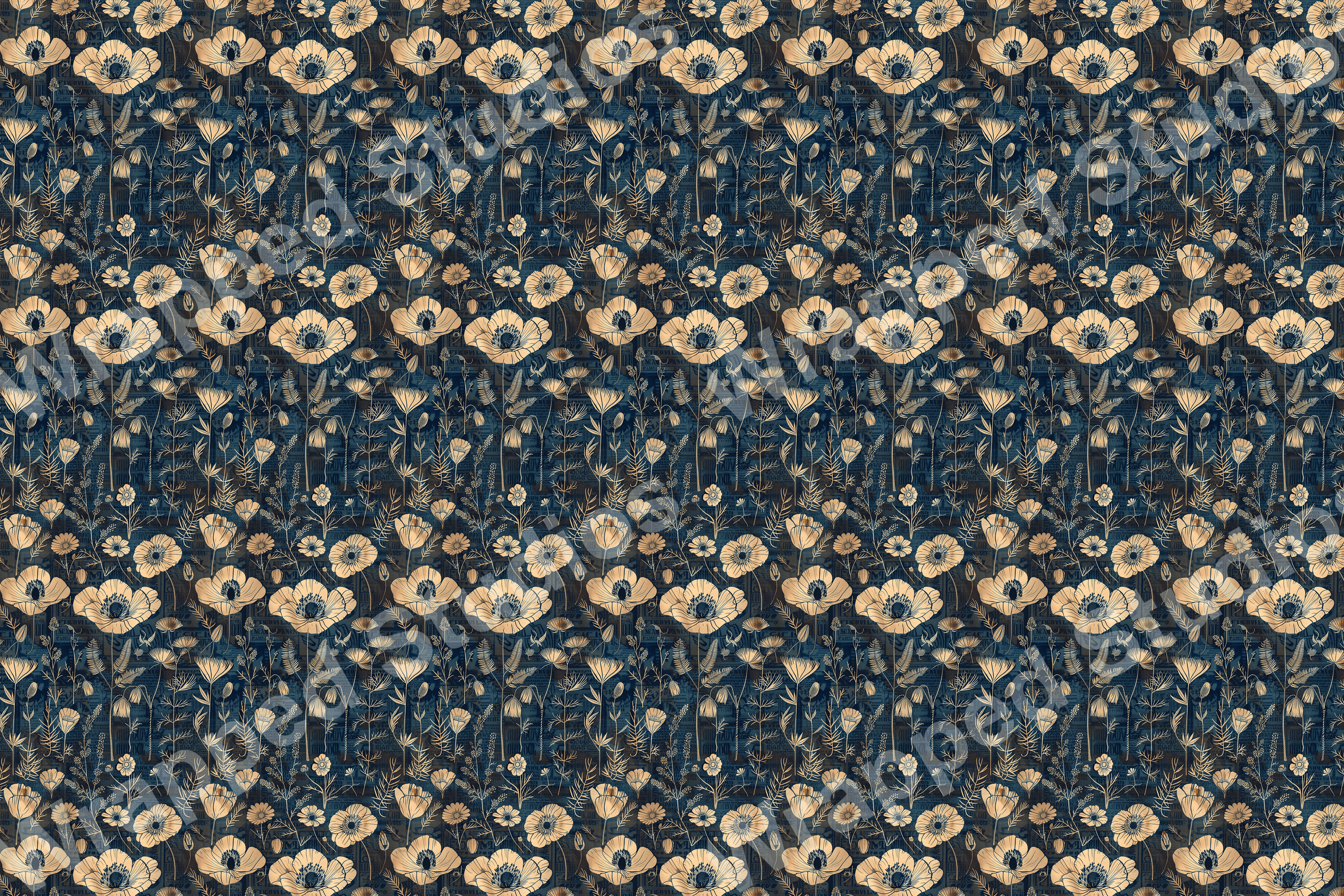 Elegant floral pattern with beige poppies and wildflowers on a textured navy background.