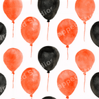 Festive watercolor balloon seamless pattern featuring orange and black balloons on a white background.