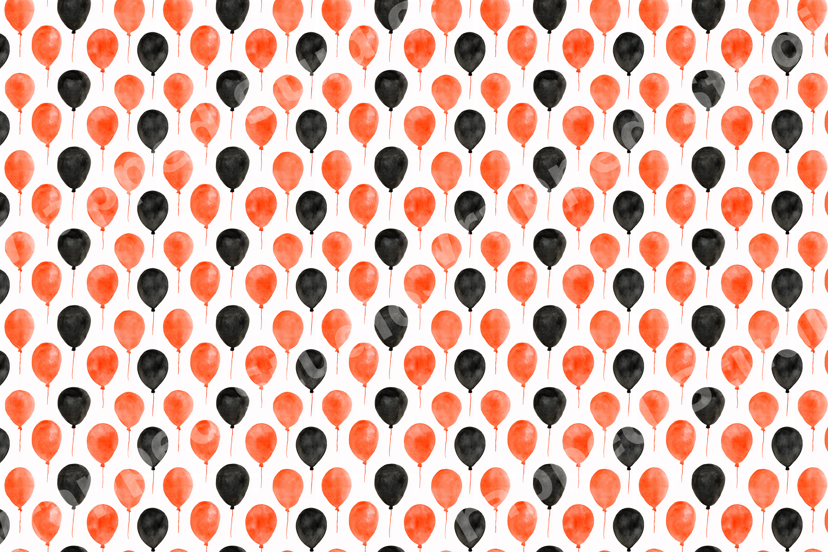 Playful orange and black watercolor balloon pattern on a white background.