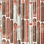Vintage seamless cigar pattern with hand-drawn tobacco rolls in warm brown and cream tones.