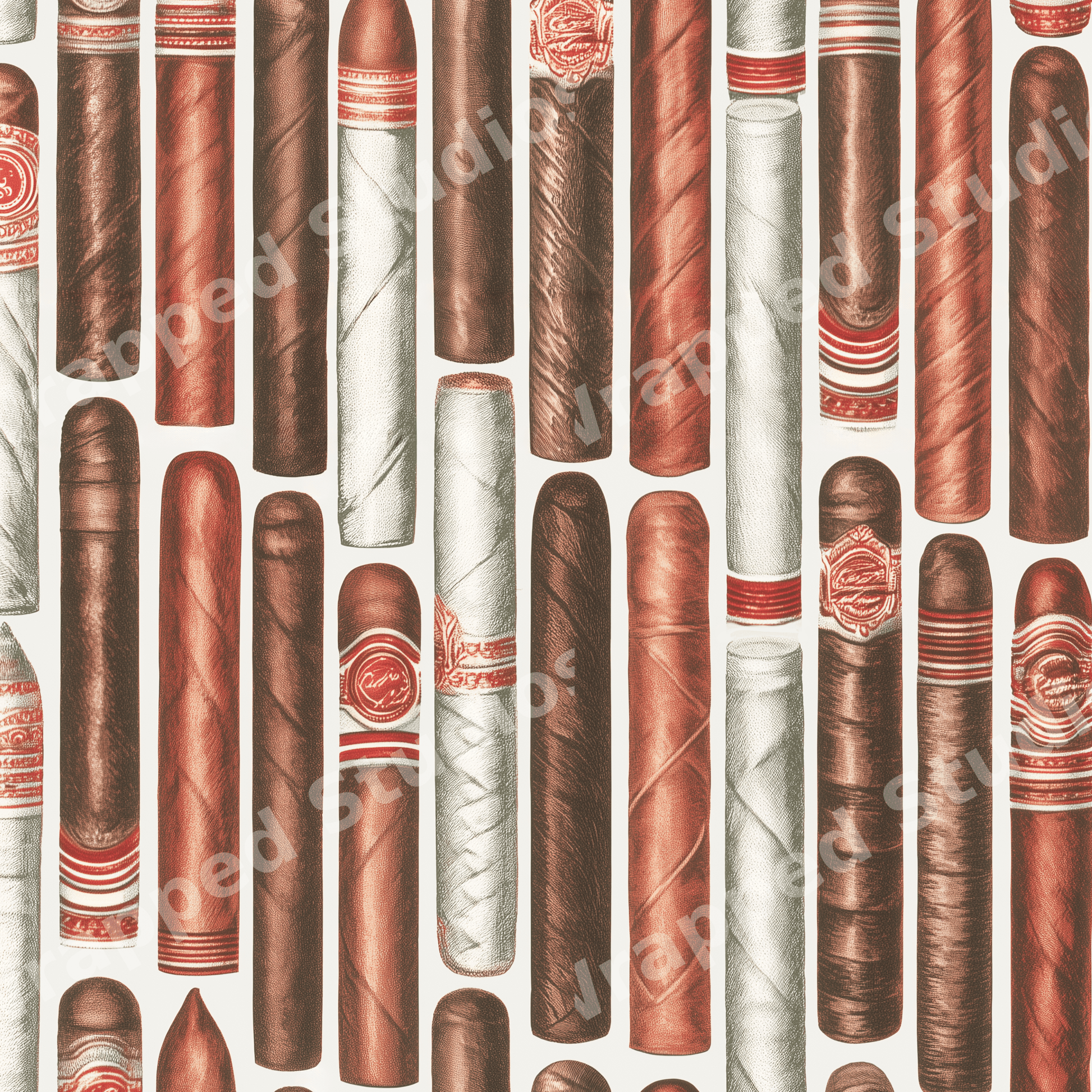 Vintage seamless cigar pattern with hand-drawn tobacco rolls in warm brown and cream tones.