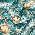 Teal and gold holiday pattern with fir branches and bauble ornaments.