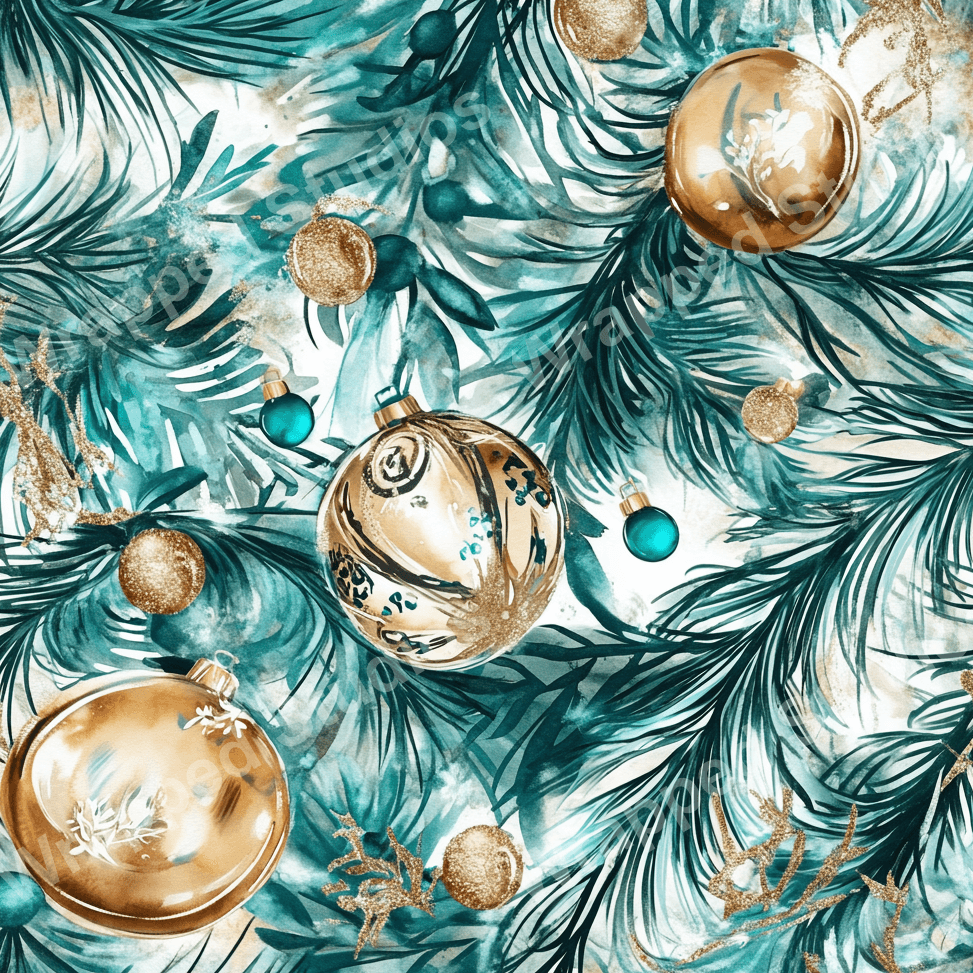 Teal and gold holiday pattern with fir branches and bauble ornaments.