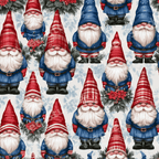 Seamless Christmas gnome pattern featuring whimsical red and blue holiday gnomes and festive winter greenery.
