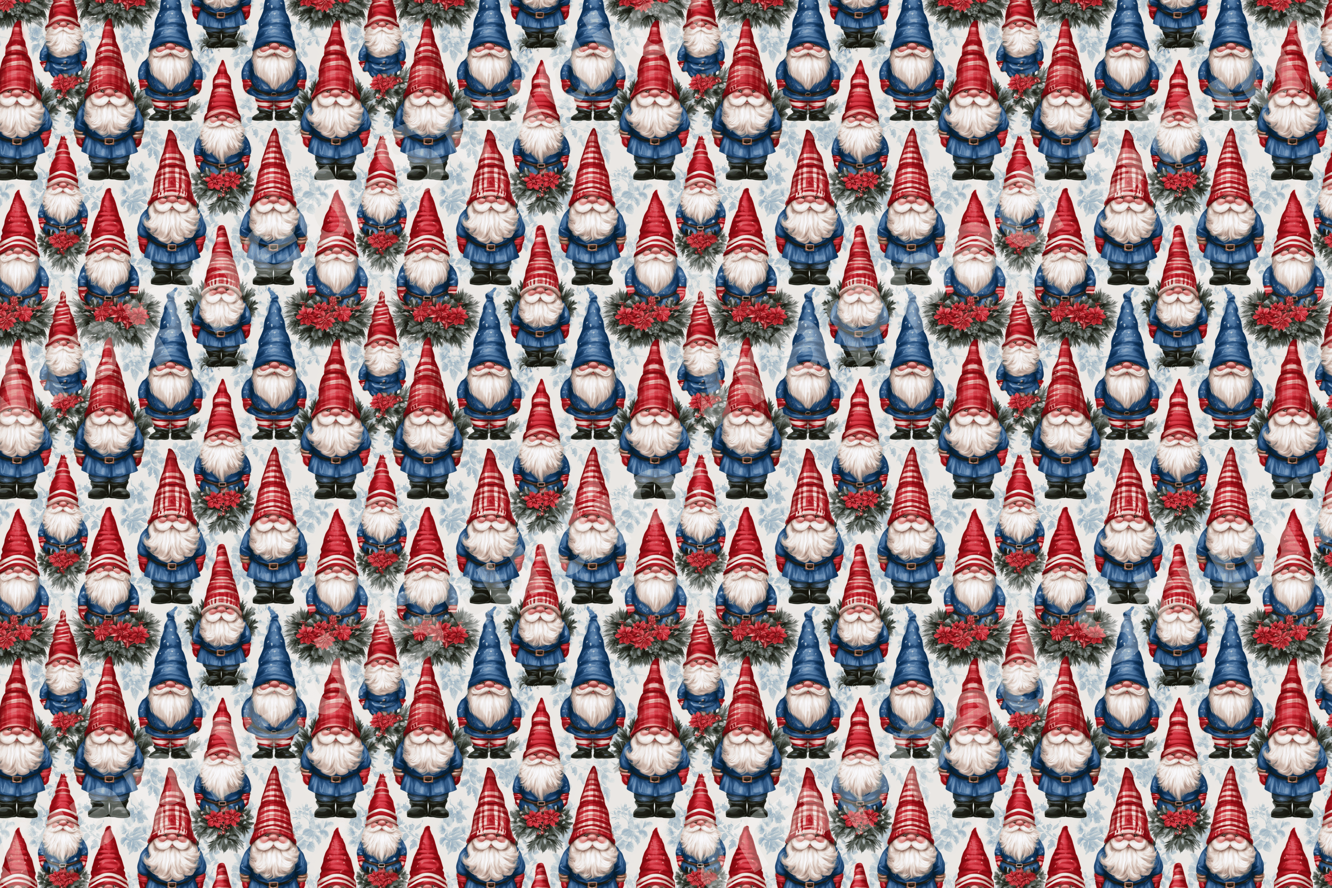 Seamless Christmas gnome pattern featuring whimsical watercolor holiday gnomes in red and blue outfits.