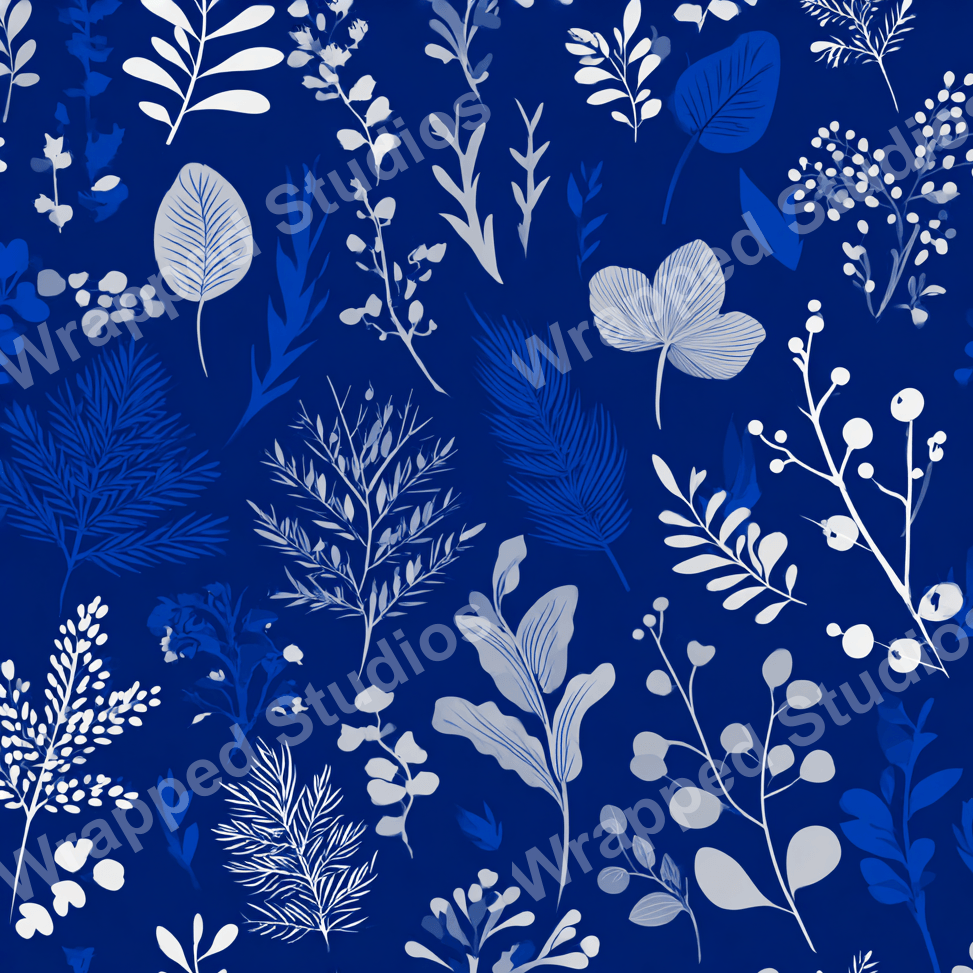Botanical pattern with blue and gray leafy, stylized floral elements on a deep blue background.