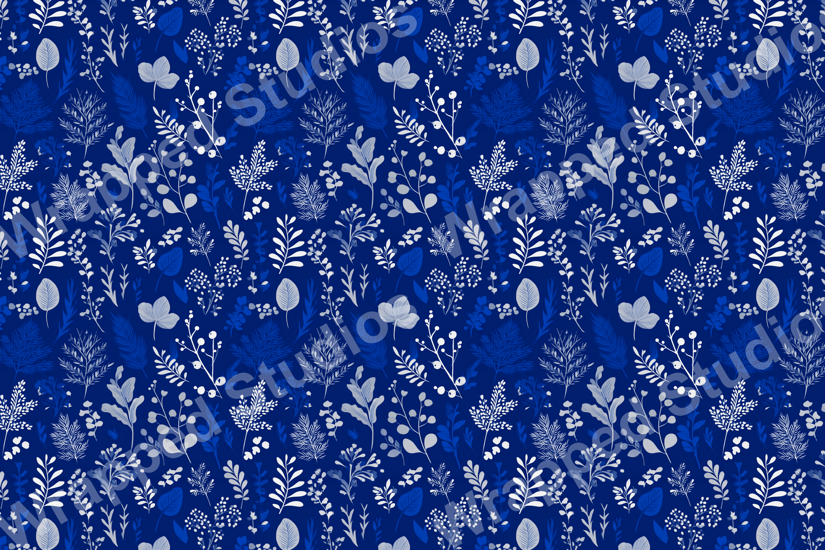 Navy floral pattern with white and blue botanical elements.