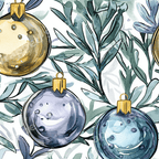Watercolor Christmas ornament pattern with elegant gold and blue baubles and winter botanical foliage.