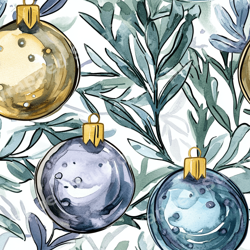 Watercolor Christmas ornament pattern with elegant gold and blue baubles and winter botanical foliage.