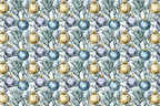 Elegant watercolor Christmas pattern featuring blue and gold ornaments with winter botanical pine foliage.