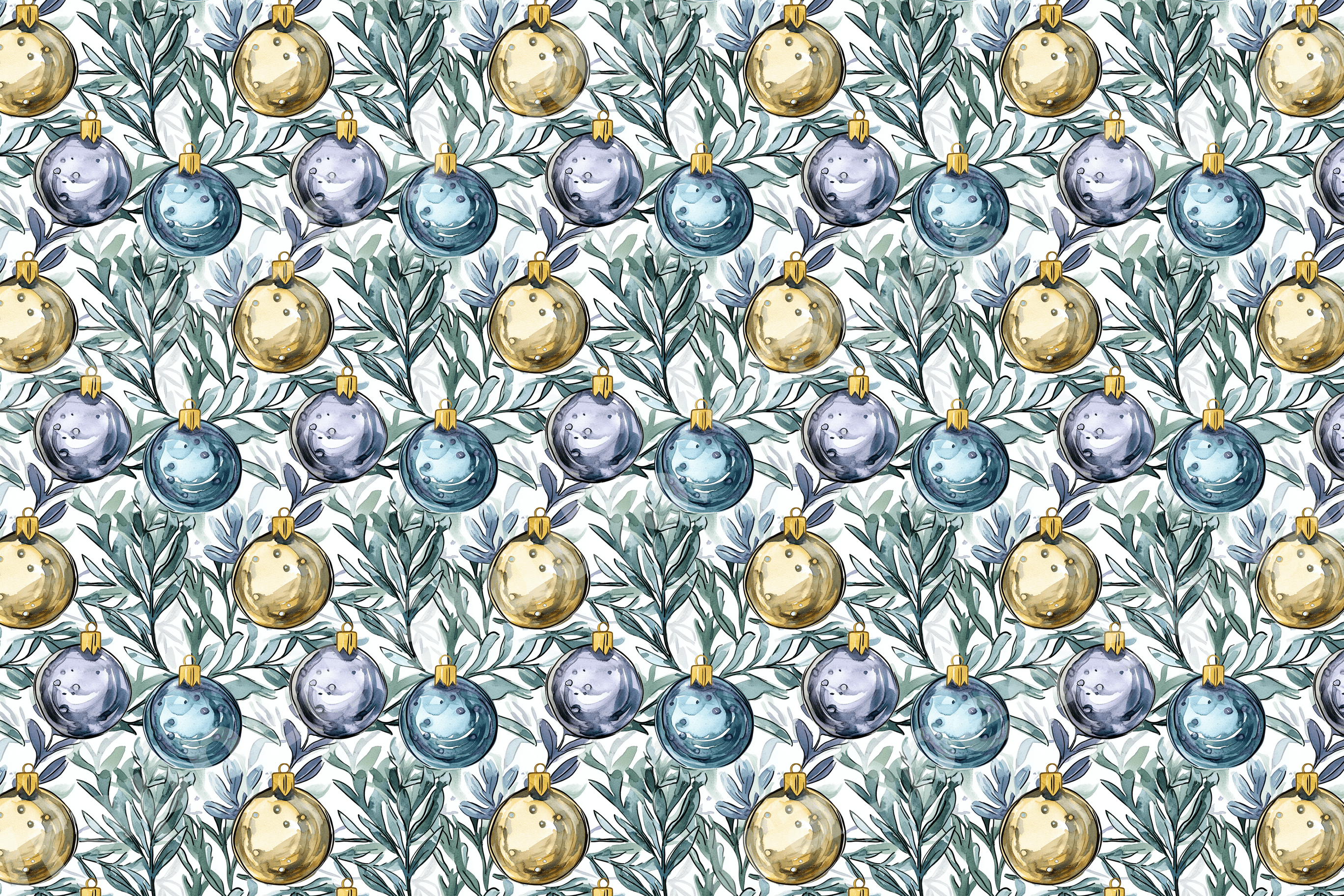 Elegant watercolor Christmas pattern featuring blue and gold ornaments with winter botanical pine foliage.