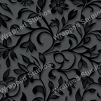 Elegant dark floral pattern with embossed black leaf and flower motifs on a gray background.