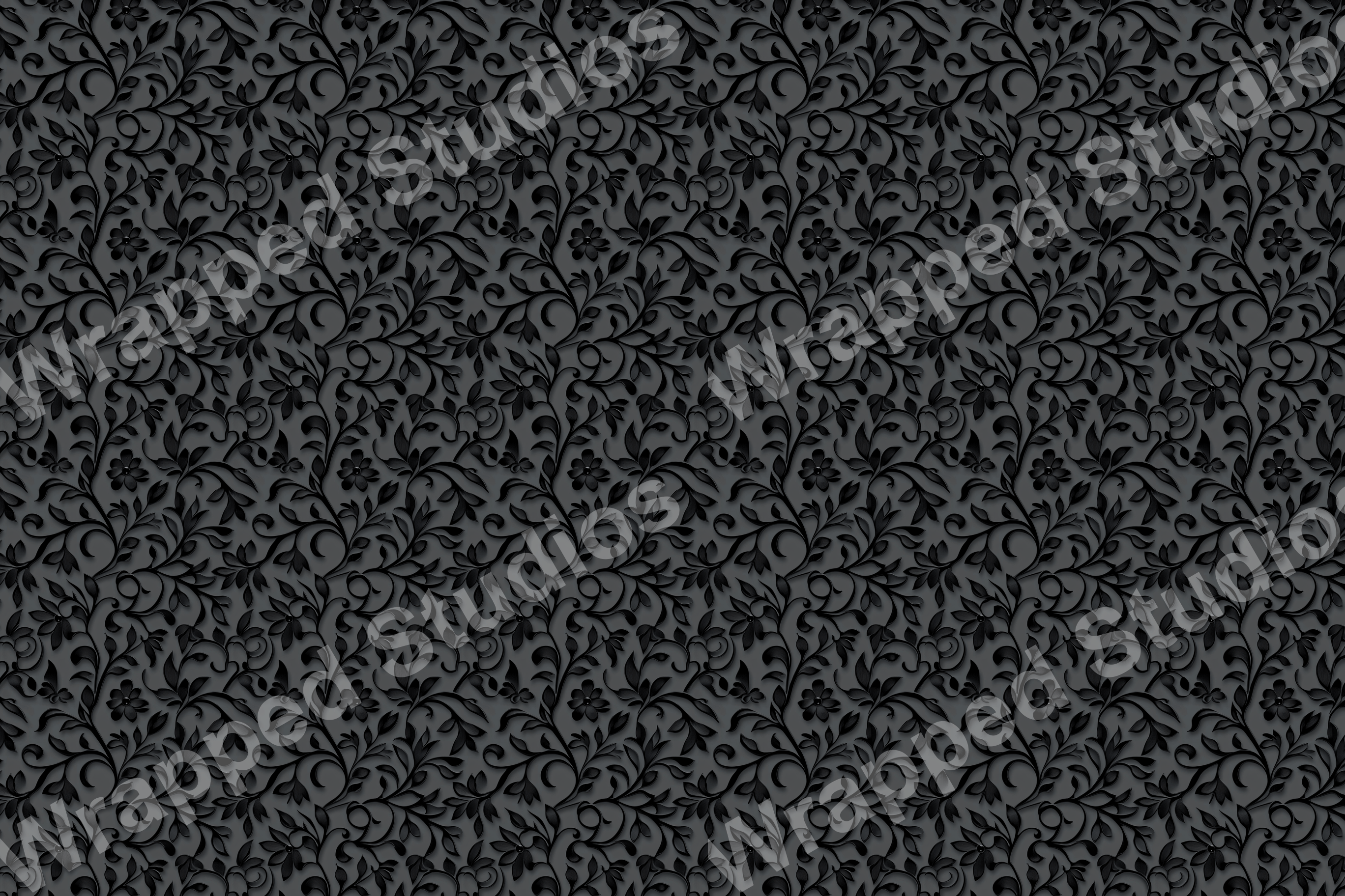 Elegant floral pattern with swirling leaves in shades of gray.