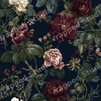Moody vintage botanical floral pattern featuring deep red and blush peonies on a dark background.