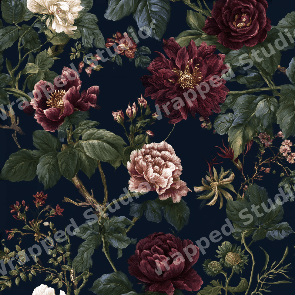 Moody vintage botanical floral pattern featuring deep red and blush peonies on a dark background.