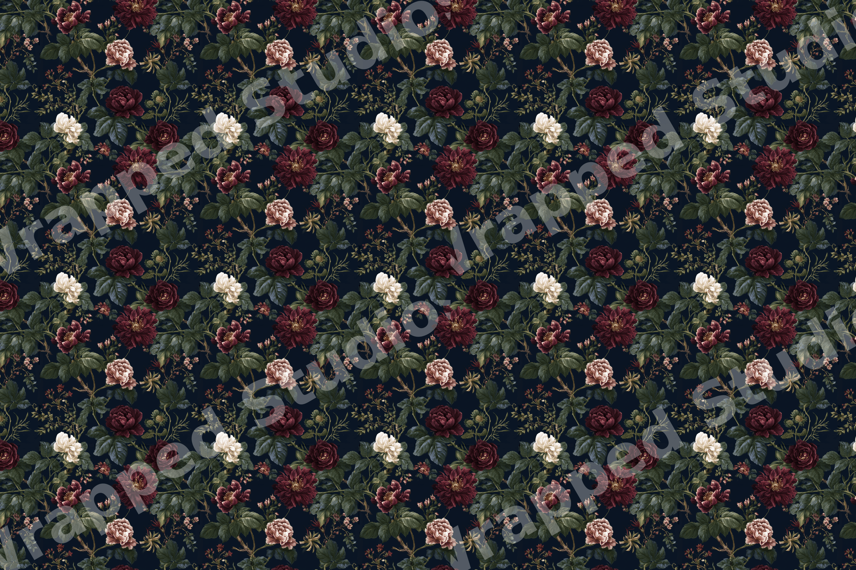Moody vintage botanical design with burgundy and cream roses on a dark navy background.