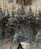 Winter forest pattern with bare trees, snow, and rustic cabin in brown and gray hues.