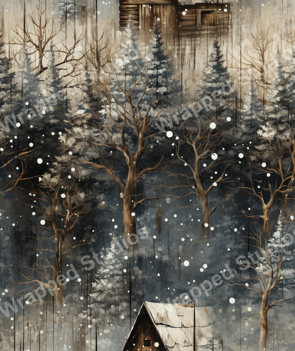 Winter forest pattern with bare trees, snow, and rustic cabin in brown and gray hues.