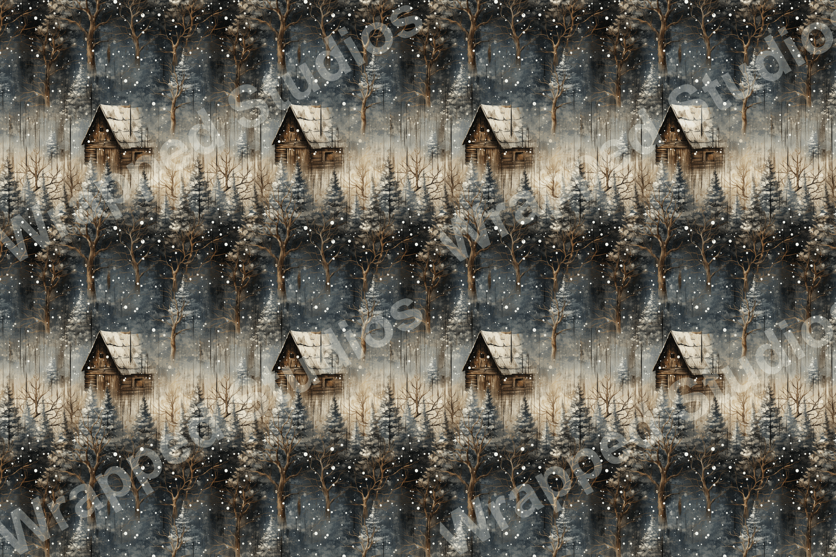 Watercolor-style winter cabin and pine tree pattern with falling snow, in shades of brown, gray, and white.