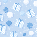 Seamless, playful pattern of gifts and balloons in light blue and white hues.