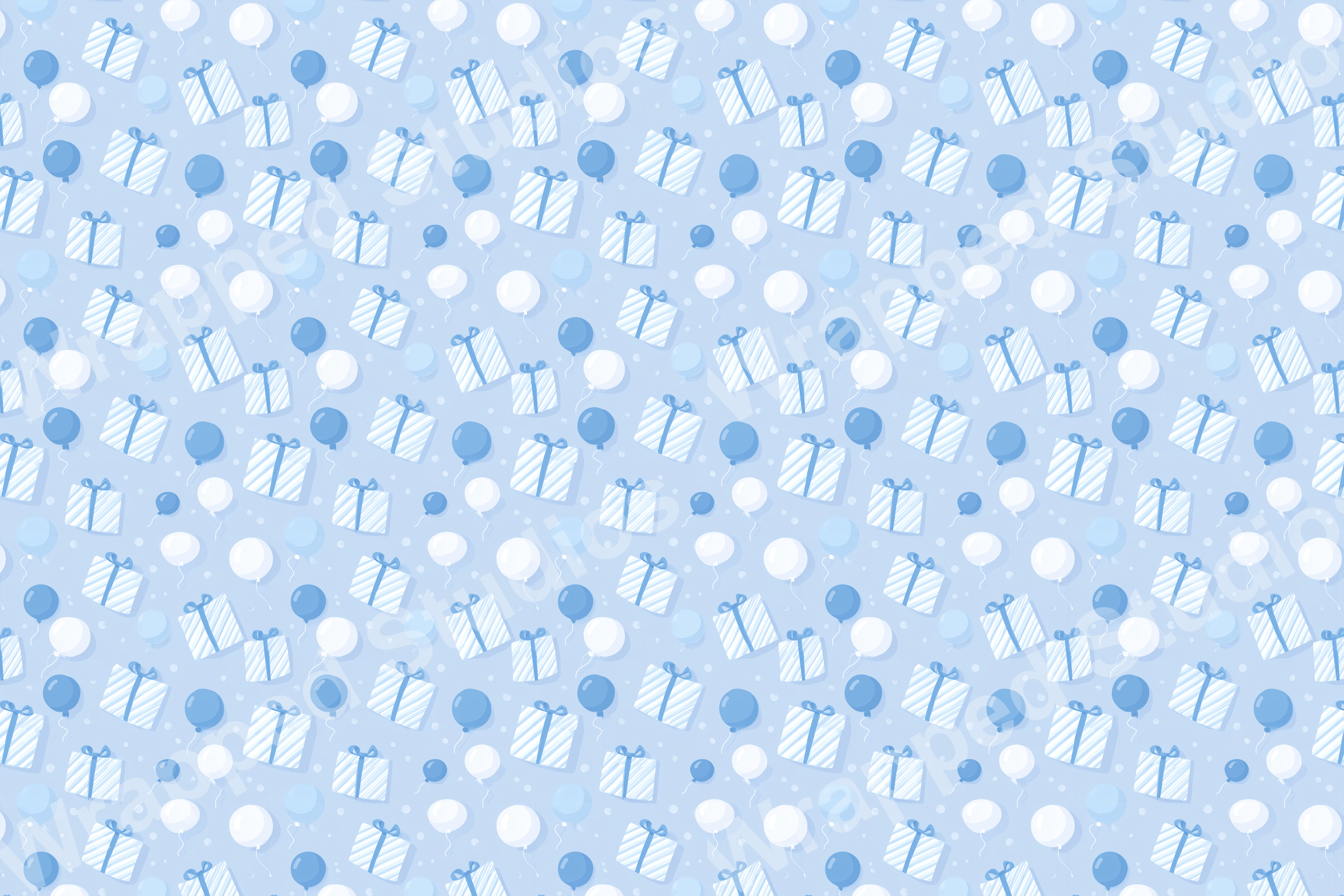 Light blue seamless pattern with gifts and balloons in a playful style.