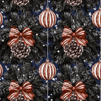Vintage botanical Christmas pattern with pine branches, pinecones, and red ornaments on navy blue.