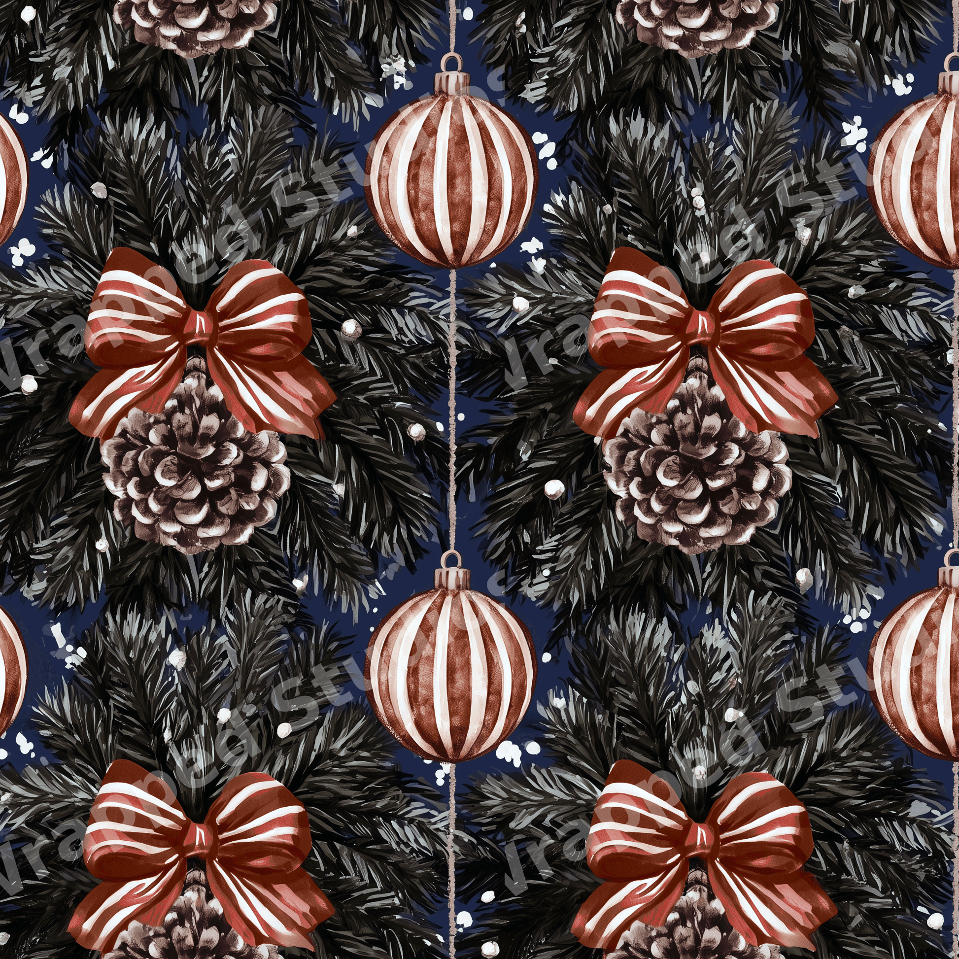 Vintage botanical Christmas pattern with pine branches, pinecones, and red ornaments on navy blue.