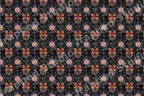 Vintage Christmas botanical pattern with pinecones, red bows, and striped ornaments on a navy background.