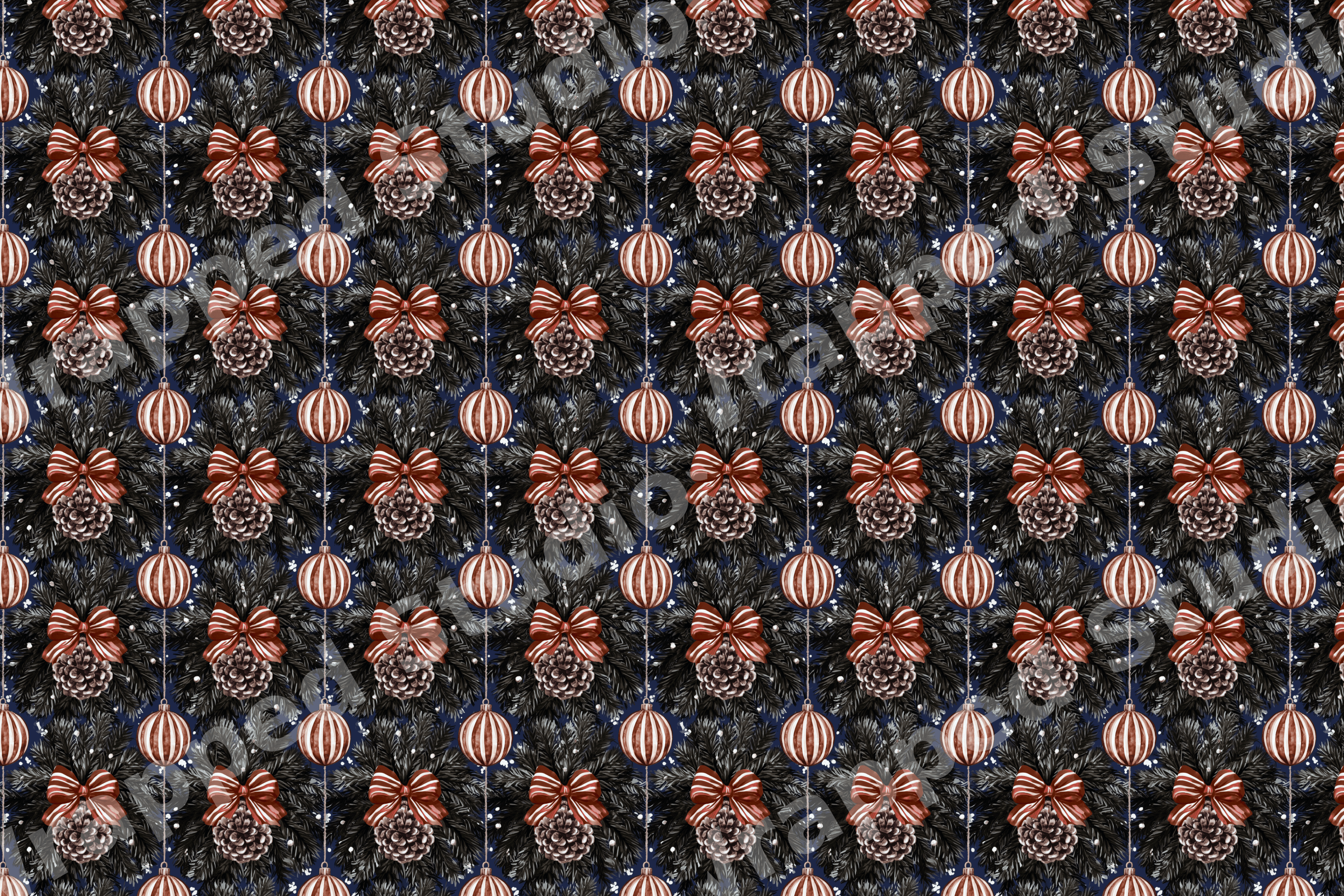 Vintage Christmas botanical pattern with pinecones, red bows, and striped ornaments on a navy background.