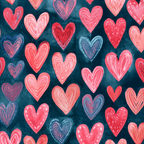 Playful watercolor heart pattern featuring pink, red, and blue hand-painted hearts on a dark navy background.