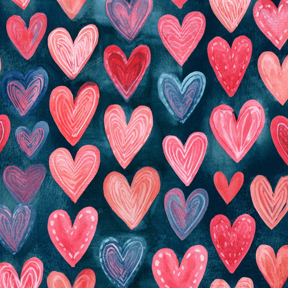 Playful watercolor heart pattern featuring pink, red, and blue hand-painted hearts on a dark navy background.