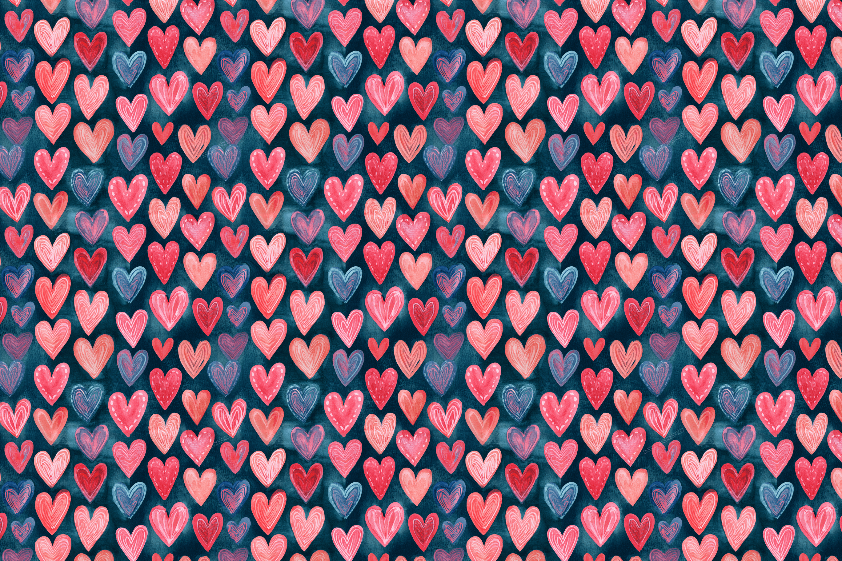 Cute watercolor heart pattern with pink, red, and blue hand-drawn hearts on a dark navy background.