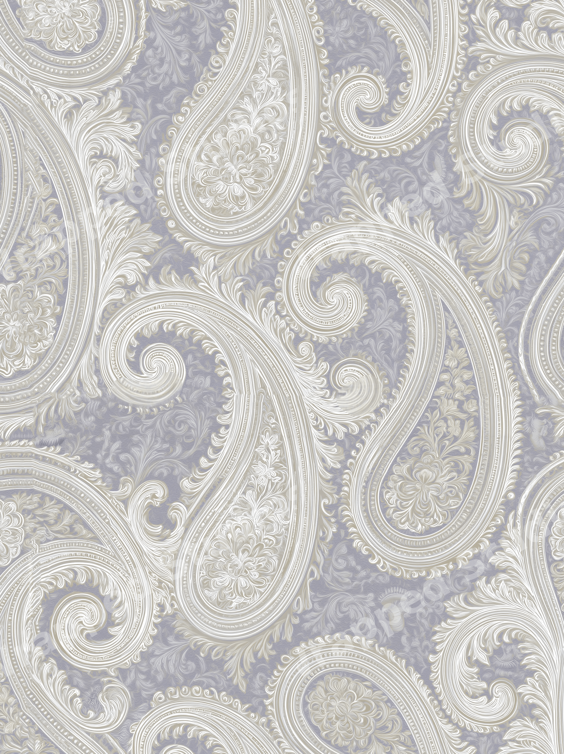 Elegant vintage paisley pattern in dusty lavender grey and cream with intricate ornate floral details.