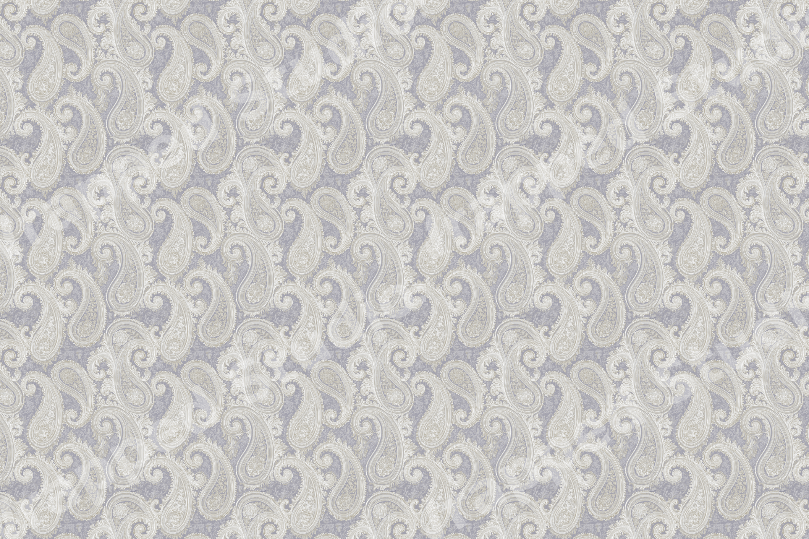 Elegant vintage paisley pattern with intricate off-white swirls on a dusty lavender grey background.
