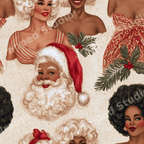 Vintage Black Santa Christmas pattern with retro glamorous Black women and green holly sprigs.