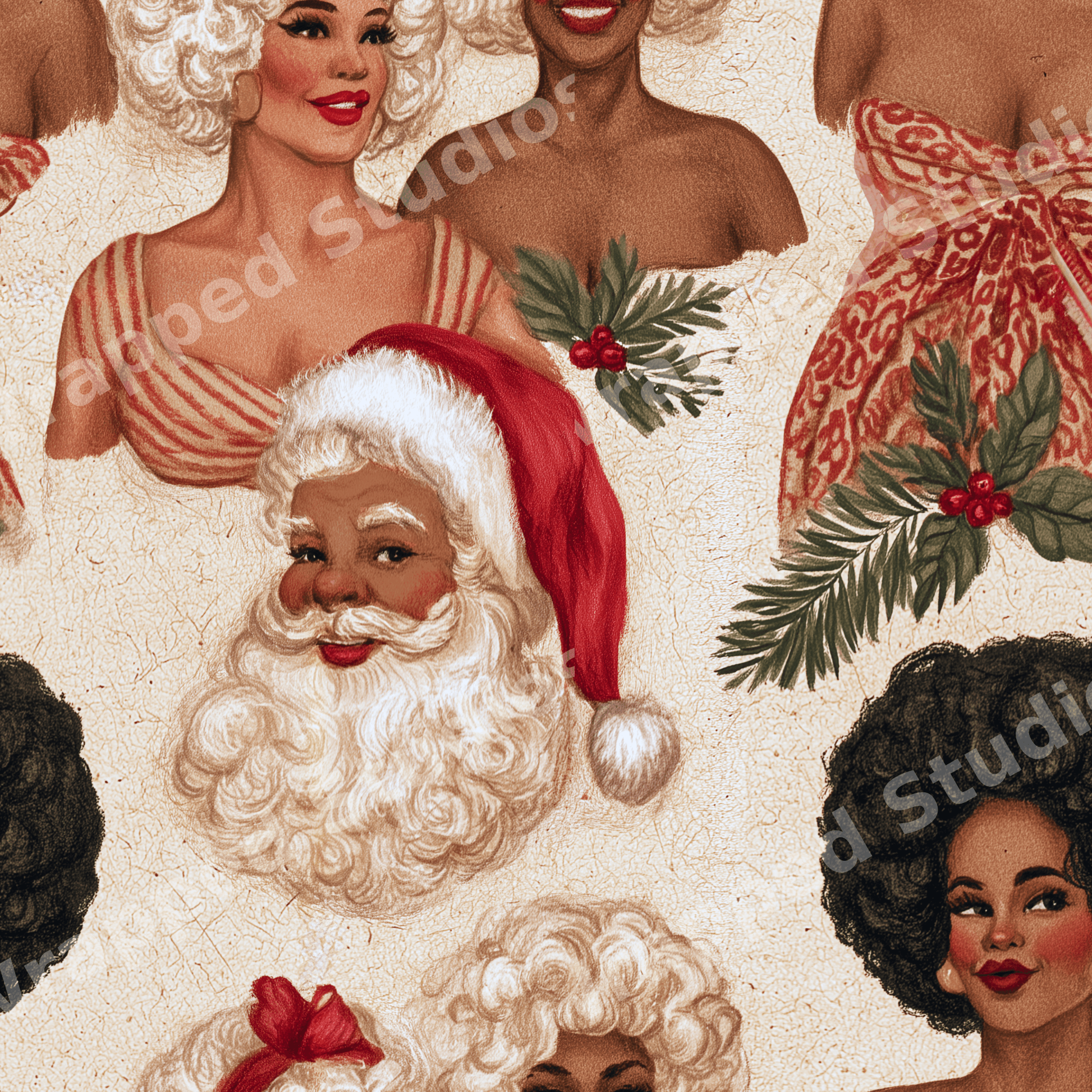 Vintage Black Santa Christmas pattern with retro glamorous Black women and green holly sprigs.