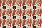 Retro Christmas pattern featuring Black Santa Claus and vintage mid-century pin-up women on beige.