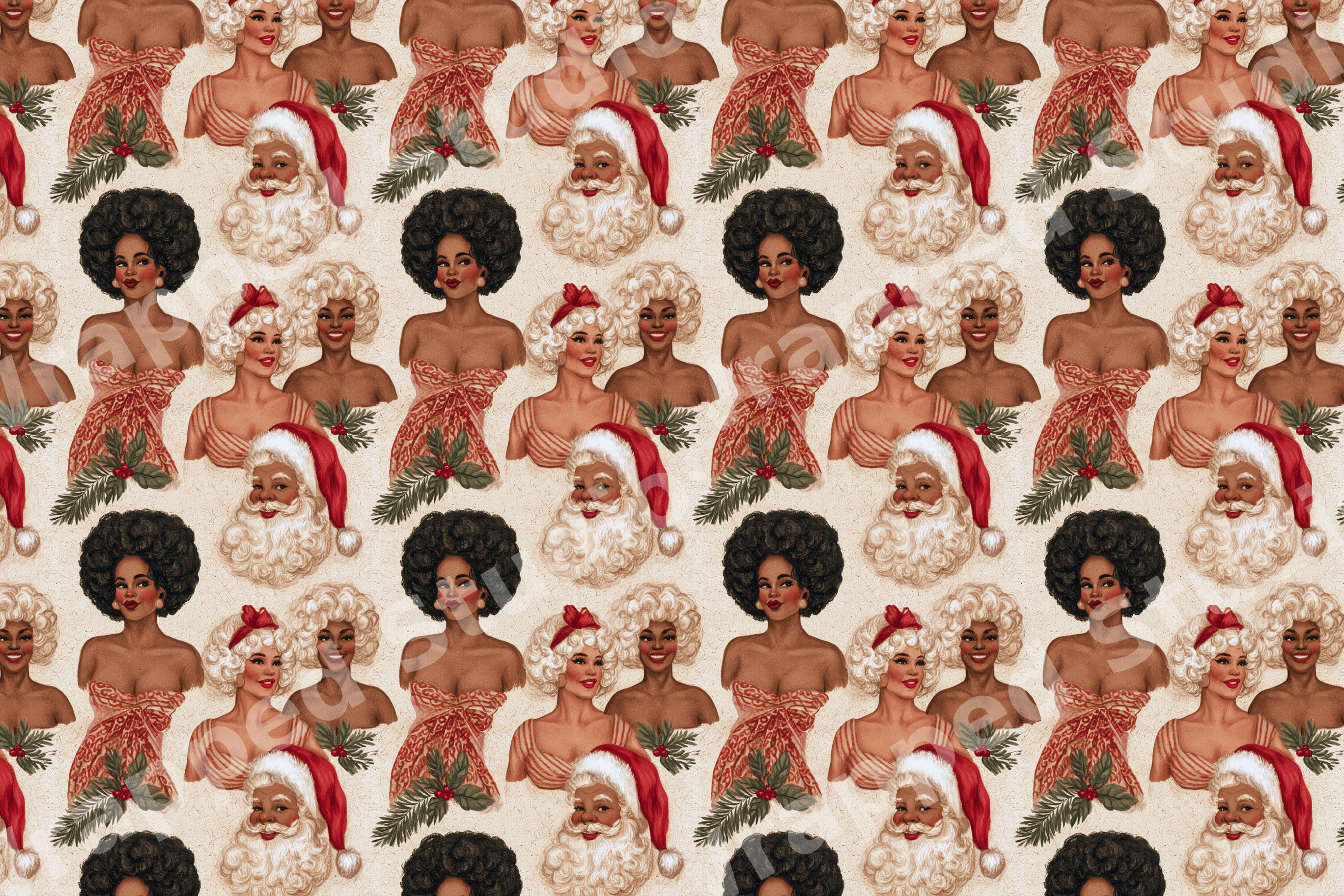 Retro Christmas pattern featuring Black Santa Claus and vintage mid-century pin-up women on beige.
