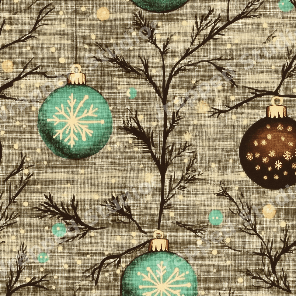 Vintage Christmas pattern with teal and brown ornaments and pine branches on a textured linen background.