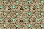 Vintage Christmas ornament pattern with teal and brown baubles on rustic branches with a linen texture.