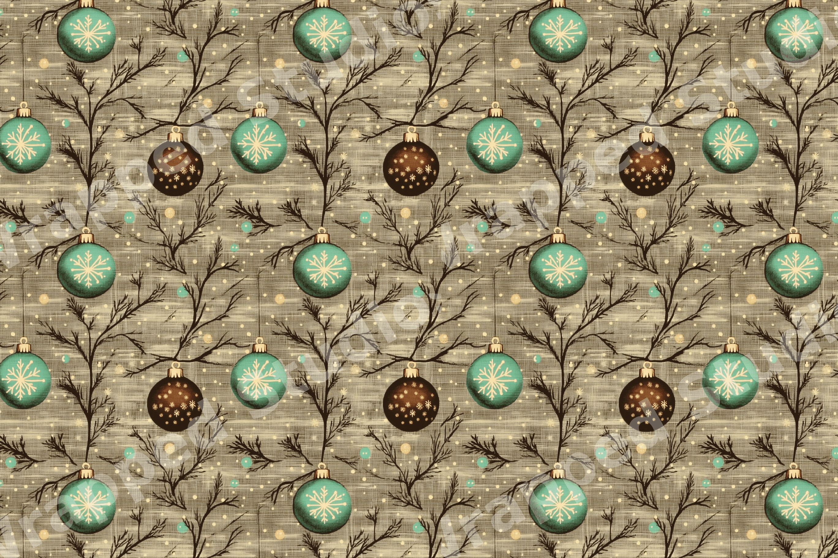 Vintage Christmas ornament pattern with teal and brown baubles on rustic branches with a linen texture.